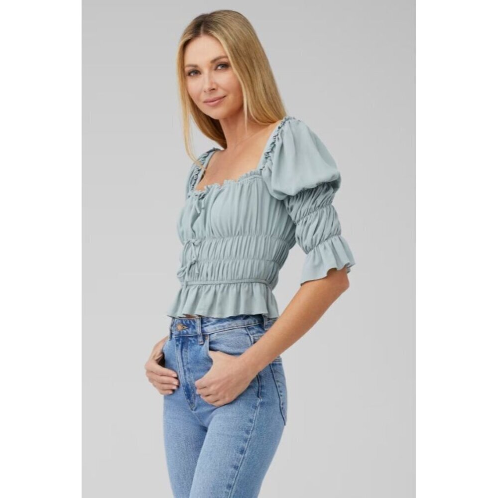 Smocked Puff Sleeve Crop Top With Square Neck Light Blue XS By Lani The Label - Picture 3 of 5
